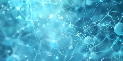 Illustration of neural network connections in a blue background with neurons. Concept Digital Art, Neural Networks, Technology, Science, Blue Background