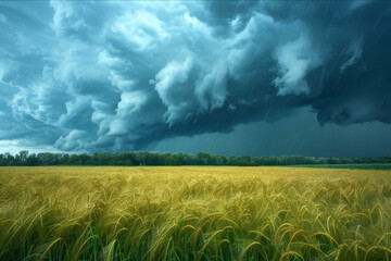 Dark storm clouds gathering over a peaceful countryside landscape. AI generated.