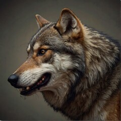 Obraz premium a wolf with a black nose and a brown eye that says quot wolf quot