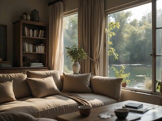 living room with a window. 3D rendering