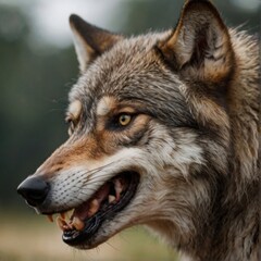 Fototapeta premium a wolf with a black nose and a brown eye that says quot wolf quot