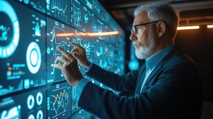 A senior data analyst focuses on interpreting complex data visualizations displayed on high-tech digital screens. AIG41