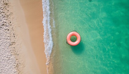Naklejka premium An emerald beach with a swimming float on it. a summer recreation site, drone shot - Swim ring, swim&nbsp;tube, Tube&nbsp;Ring