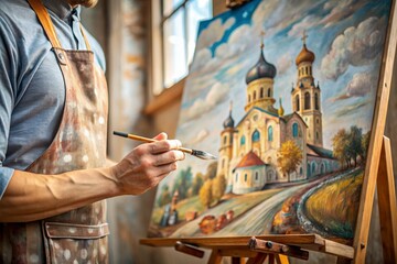 The artist paints a picture with oil paints on canvas. The painting depicts an Orthodox church, a temple. Religion, creativity and recreation.
