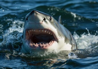 Fierce Great White Shark Emerging From Ocean Water with Open Jaws