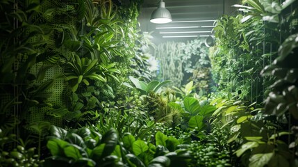 Verdant Oasis Lush Indoor Garden Bursting with Vibrant Greens and Herbs Showcasing Biodiversity in Controlled Environments