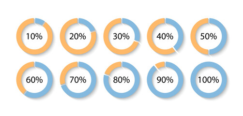 100 percent circle loading template. Round pie chart schemes with sectors. Circular progress bar blue and yellow. Progress diagram structure. Piechart with segments and slices. Vector illustration