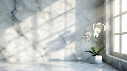 Empty marble table against a marble wall with an orchid by window. Concept Marble Table, Marble Wall, Orchid, Window, Interior Design