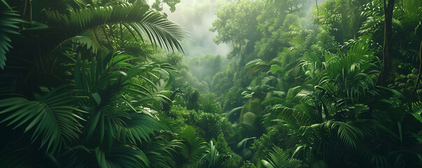 Dense jungle, wild forest with trees and tropical plants, green wilderness, adventure on rainforest, panoramic, generative ai
