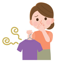 洗濯物の嫌な匂いで鼻をつまむ女性　イラスト