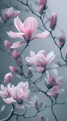 Elegant design poster with magnolia flowers levitating, surrounded by negative space that enhances...