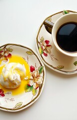 Meringue and coffee. Tea time. Dessert, Pavlova, vintage porcelain.