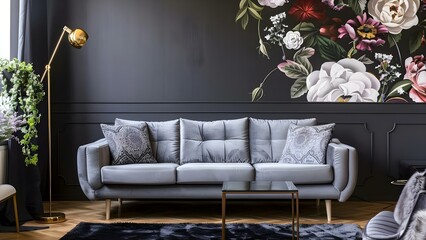 Dark living room with grey patterned cushion floral wallpaper gold lamp. Concept Living Room Decor, Interior Design, Home Styling, Wallpaper Patterns, Lighting Ideas