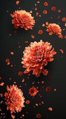 Elegant design poster with Chrysanthemum flowers levitating, surrounded by negative space that enhances the flowers symbolism of joy and beauty