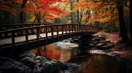 wooden bridge spanning a meandering river amidst a breathtaking autumn landscape, 