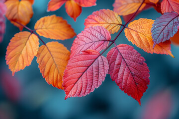 Close-up of vibrant autumn leaves on a blurred background, showcasing intricate patterns. AI generated.