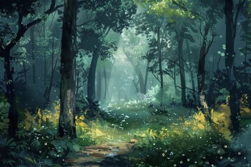 Sunlit Forest Path with Lush Greenery
