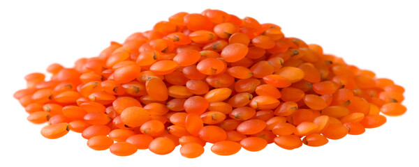 A small heap of raw red lentils isolated on the white background.