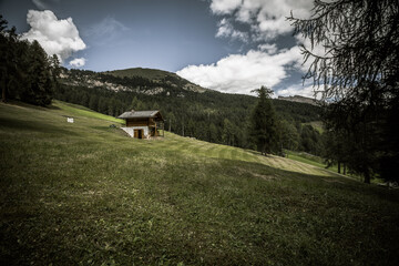 Some old houses over a mountain pasture in Dolomites with wonderful panorama