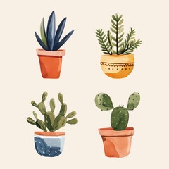 Assorted Potted Houseplants Set on Neutral Background Illustration