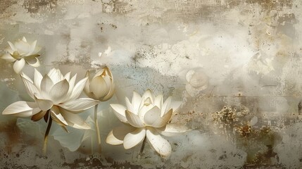 Dynamic graphic poster with lotus flowers floating against a soft, neutral backdrop, creating a peaceful contrast that showcases their spiritual significance