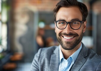 Obraz premium Confident Businessman with Glasses Smiling in Modern Office Environment