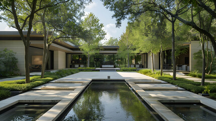 modern house in the style of Spratt tall trees and water features with stone paths, symmetrical design, white walls