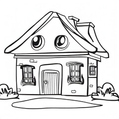 kid's coloring book, a house, cartoon, thick lines, black and white, white background, Ai generated