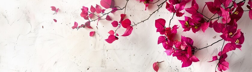 Dynamic graphic poster with Bougainvillea flowers floating against a soft, neutral backdrop, creating a striking contrast that showcases their cascading beauty