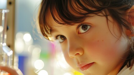 Curious smart child looking at camera while attend in science class with chemical tube. Close up portrait of young elementary student staring at camera while doing experiment at lab. Learning. AIG42.