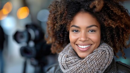 Smiling african american female blogger producing video content for social media platform at home - Powered by Adobe