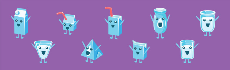 Milk Container Funny Character with Face on Purple Background Vector Set