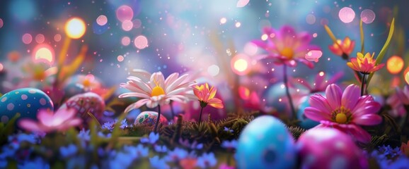 Revel In The Festive Spirit With Colorful Easter Eggs And Flowers On An Illuminated Background, Background HD For Designer 