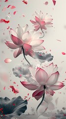 Creative visualization poster with lotus flowers defying gravity, set against a clean, stark background for a dramatic visual impact