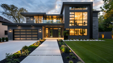 Modern house with large windows and black exterior, white concrete driveway, lawn in front of the...
