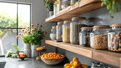 Organize pantry shelves for efficient kitchen storage in home interior design. Concept Pantry Organization, Kitchen Storage, Efficient Shelving, Home Interior Design, Space Optimization