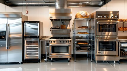 A commercial bakery kitchen with stainless steel convection deck oven and refrigerator. Concept Commercial Kitchen Equipment, Bakery Appliances, Stainless Steel Appliances, Food Service Machinery
