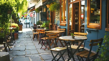 Small local cafe exterior in summer empty of people inviting atmosphere. Concept Small Cafe, Summer, Exterior, Empty, Inviting Atmosphere