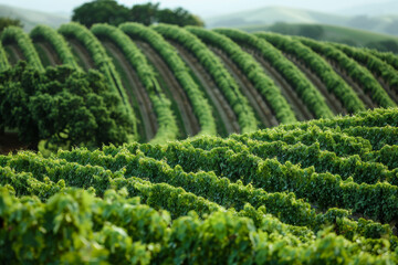 Portrait style image of rows in a vineyard, focusing on the vertical alignment and textures. AI...