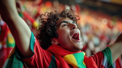 Fototapeta premium A fan wearing a hat joyfully shouts and waves the Portuguese flag in the stadium among the entertained crowd during the event. AIG41