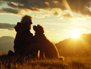 AI generated image of old retired man traveling with his dog, Heartfelt bond: Person and dog share loving interaction, embodying mutual affection and devoted friendship