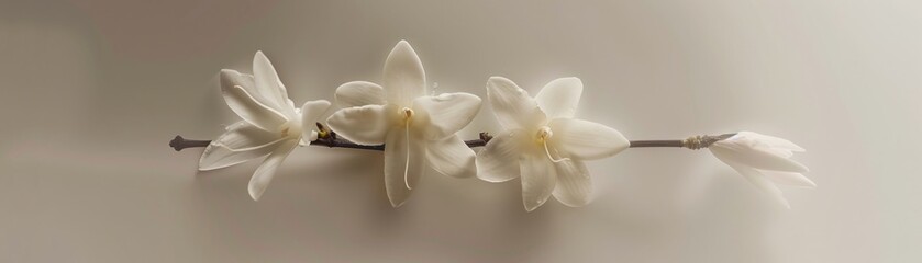 Conceptual art poster depicting vanilla blooms levitating in a perfectly ordered arrangement, with a crisp, uncluttered background emphasizing simplicity and purity