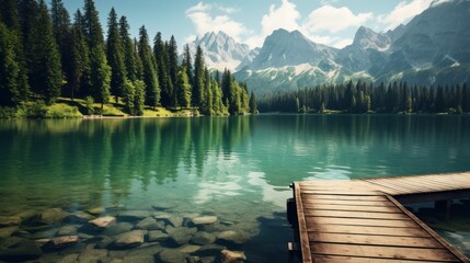 Obraz premium mountain lake with a rustic wooden dock extending into beautiful lake
