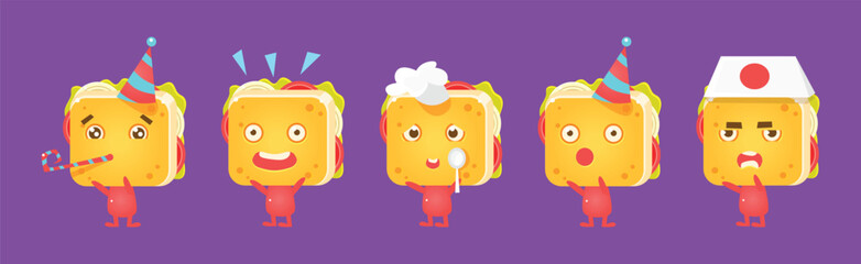Cute Sandwich Character with Face Emotion Vector Set
