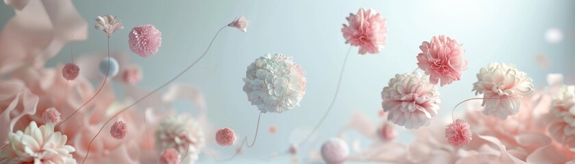 Conceptual art poster depicting annual blooms levitating in a perfectly ordered arrangement, with a crisp, uncluttered background emphasizing natural cycles