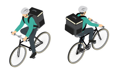 アイソメトリックイラスト:自転車でデリバリーする人