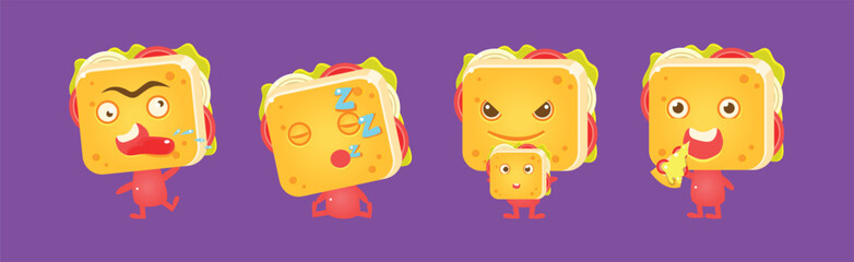 Cute Sandwich Character with Face Emotion Vector Set