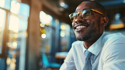 businessman immersed in his work, a smile playing on his lips as he tackles a challenging project, reflecting the joy of accomplishment and fulfillment in his work. 