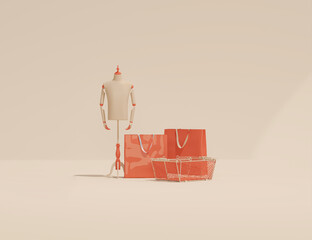 Luxury mannequin and red shopping bag, gift box on beige and white background. Creative composition. Light background with copy space. 3D render for web page, presentation, studio, store fashion