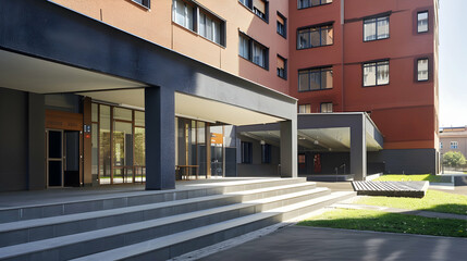 modern school building exterior, with gray and dark brown walls, covered entrance area, stairs leading to the main door of an apartment block